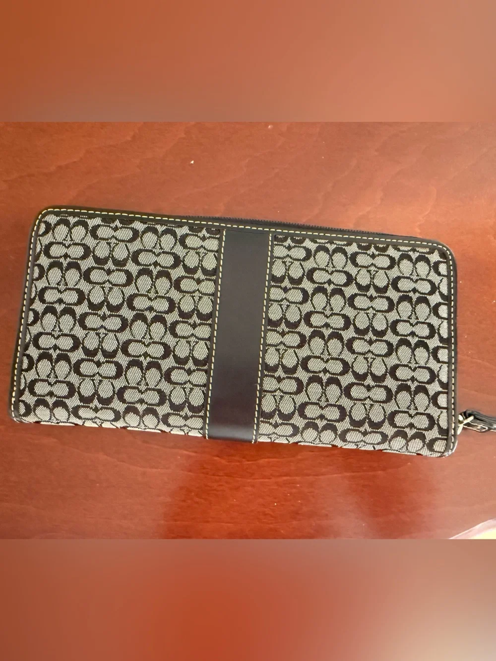 Coach Black and Gray Signature Canvas Wallet with Black Leather Trim